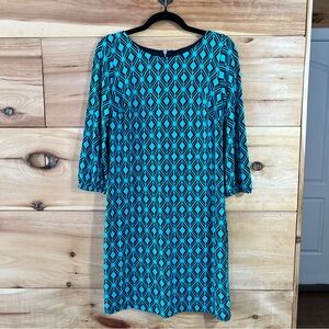 Donna Ricco Teal & Black Diamond Pattern 3/4 Sleeve Midi Dress Career Church